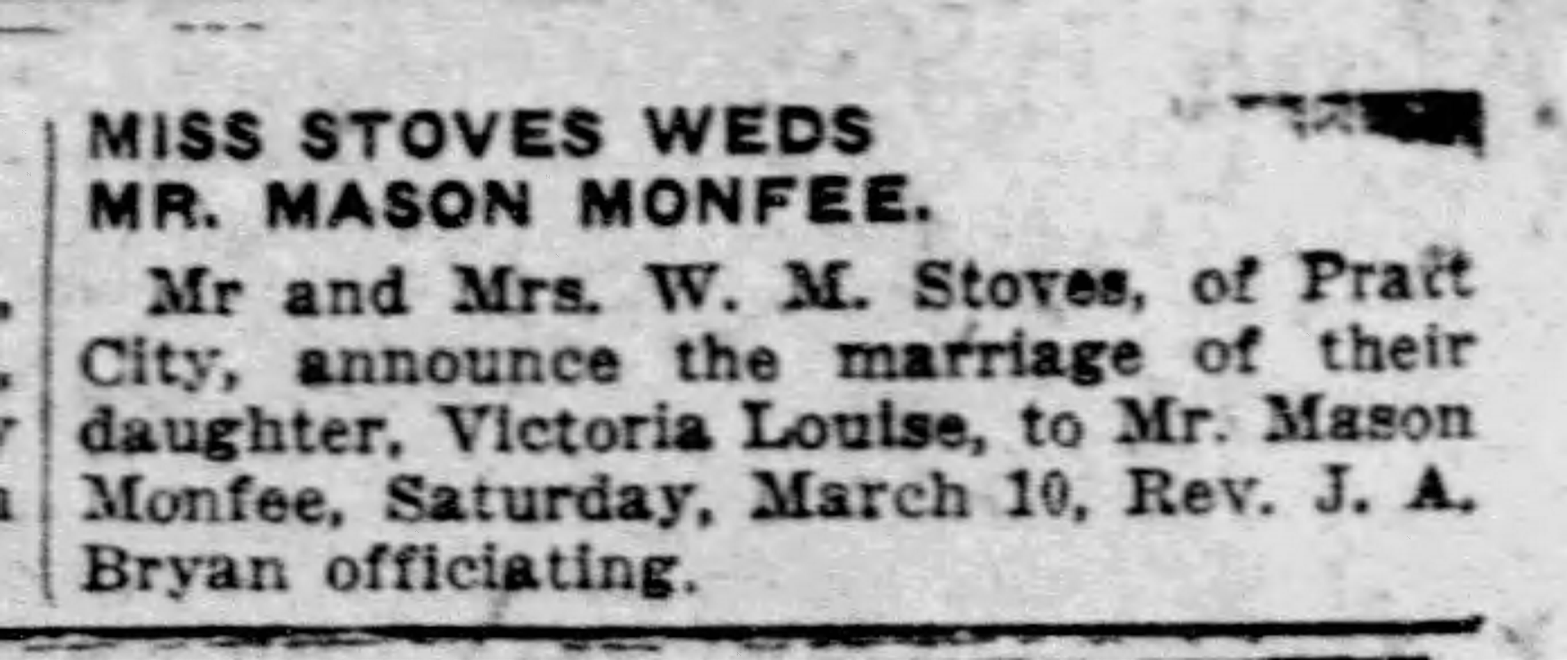 Miss Stoves Weds Mr. Mason Monfree